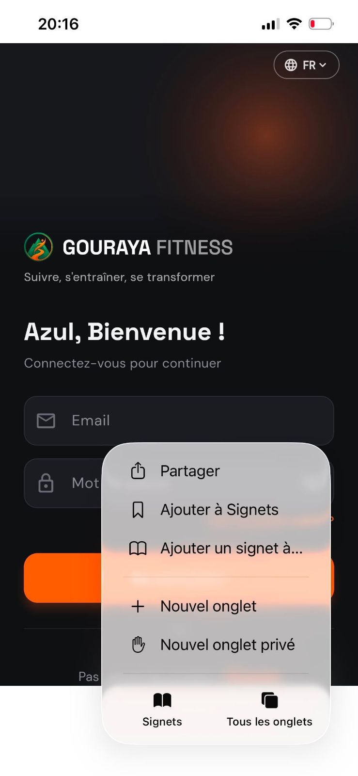 Le menu Safari ouvert avec l'option Partager