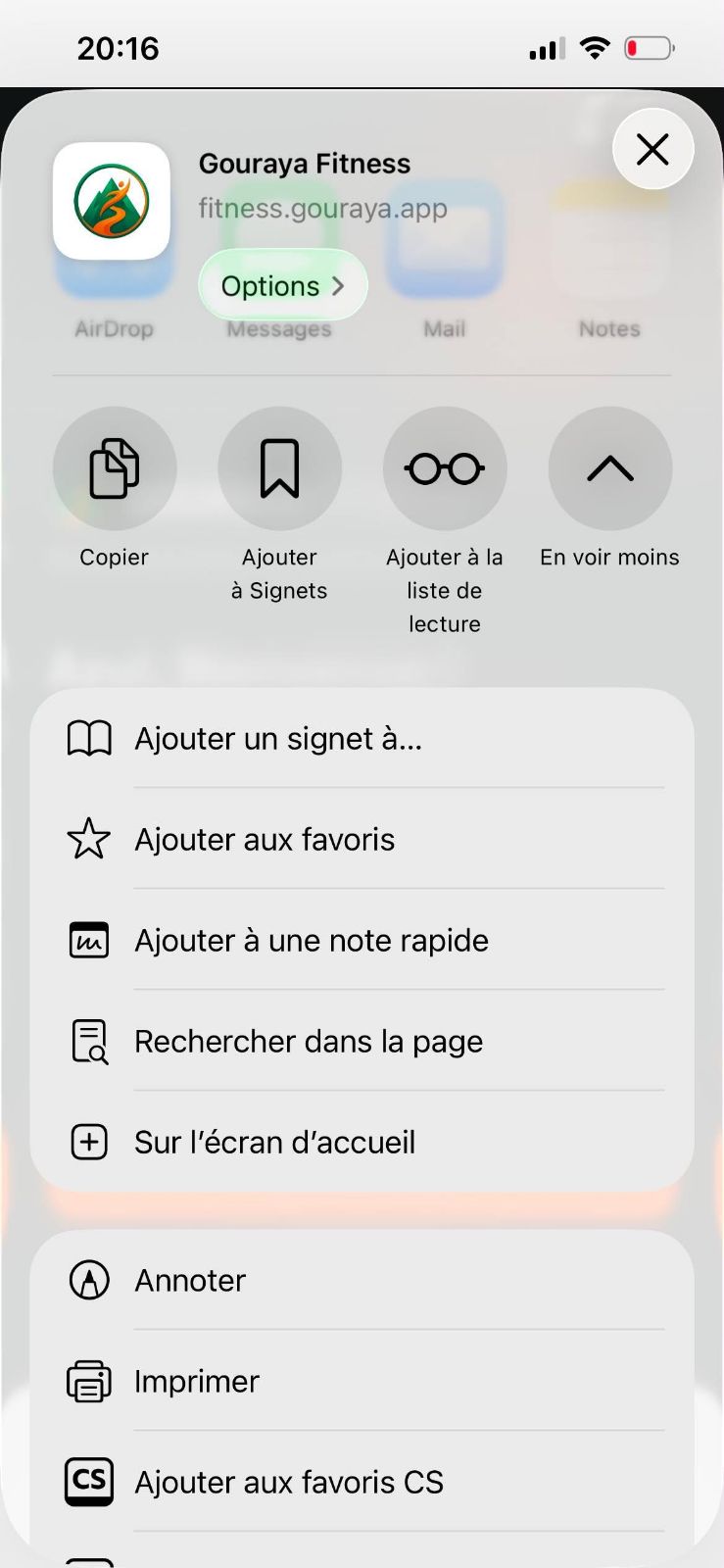 Le menu de partage iOS avec l'option « Sur l'écran d'accueil »