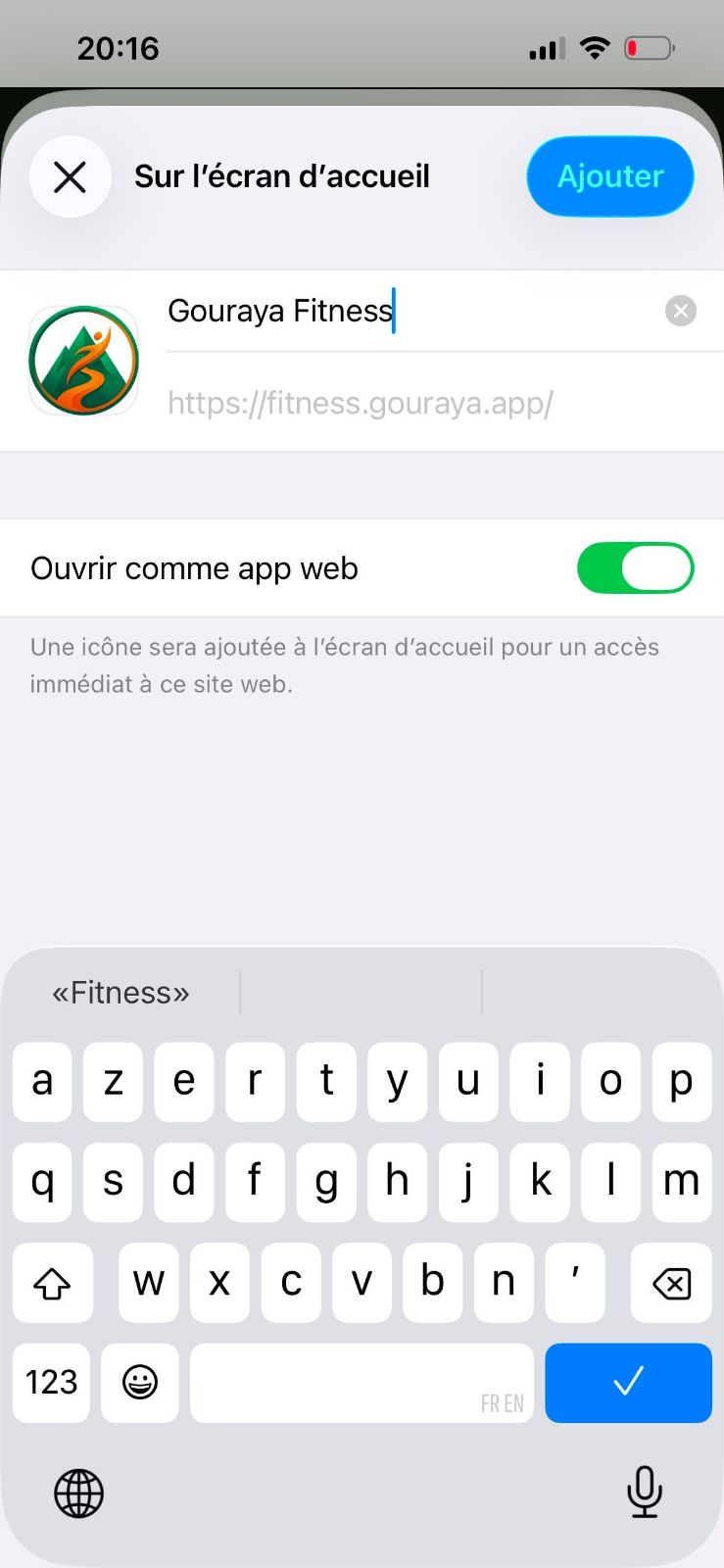 L'écran de confirmation « Sur l'écran d'accueil » avec le bouton Ajouter